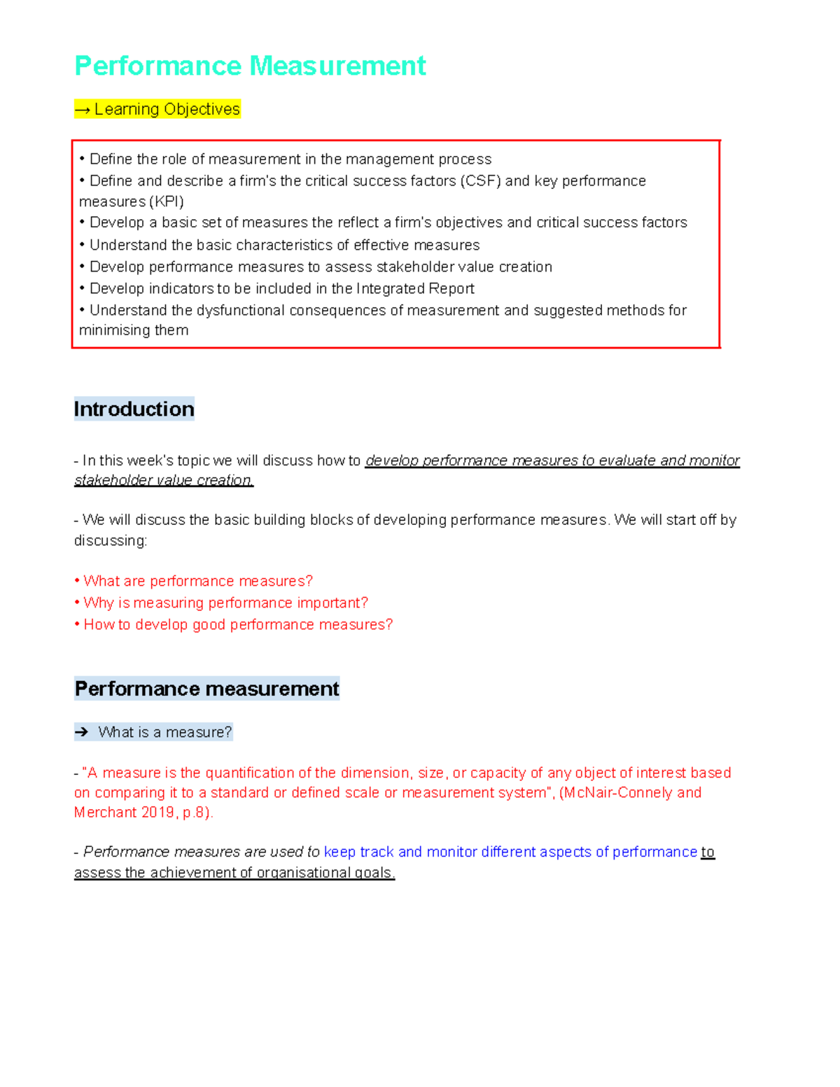 COMM1180 - Lecture 10: Performance Measurement and Stakeholder Value ...