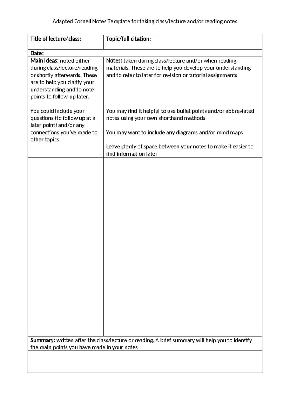 Cornell note taking template Research library skills Updated Content ...