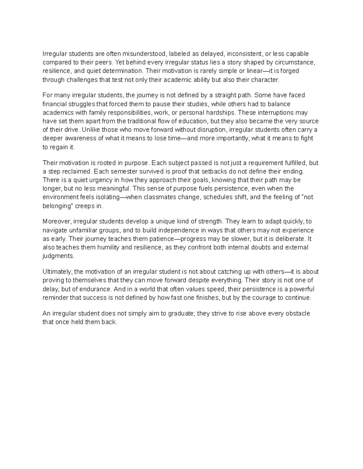 Essay - Understanding the Journey of Irregular Students - Studocu