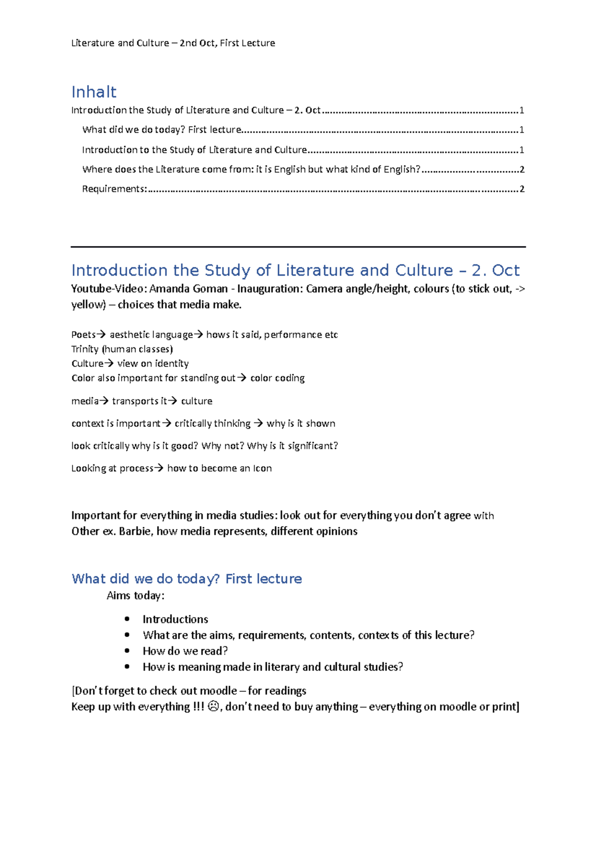 1st Lecture Introduction - Literature and Culture – 2nd Oct, First ...