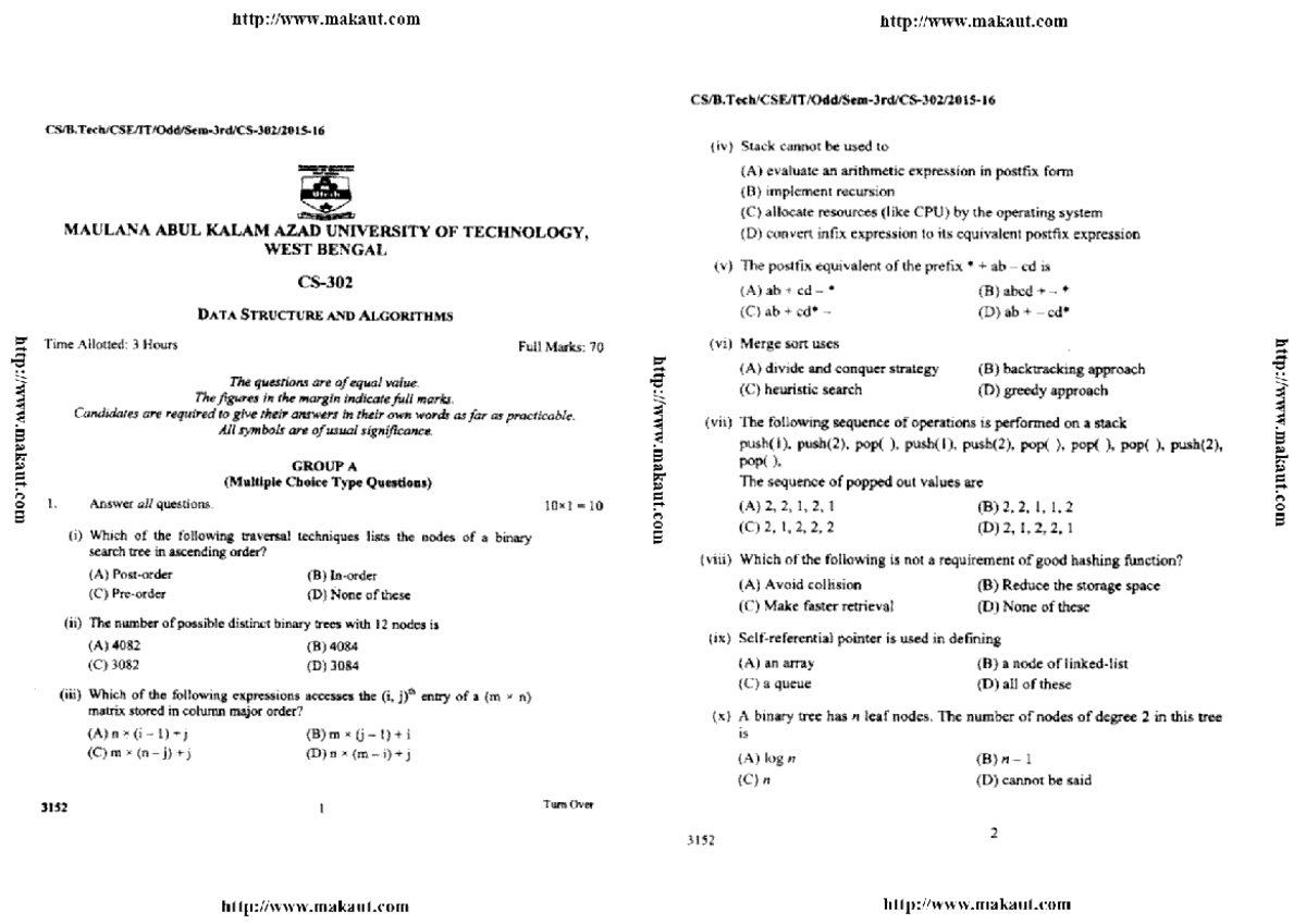 BTech CSE 3 Sem Data Structure & Algorithms Exam Questions 2016 - Studocu