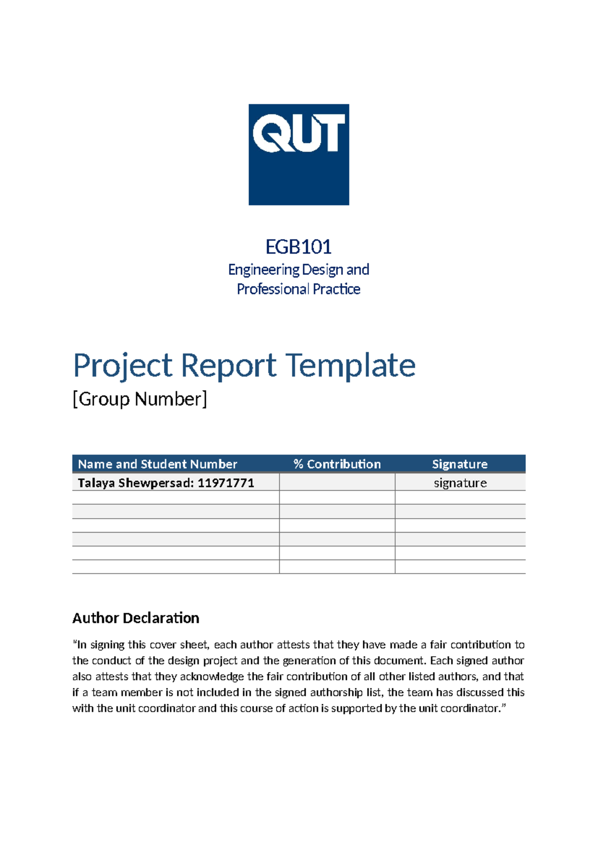 EGB101 S1 2024 Engineering Design Project Report Template - Studocu