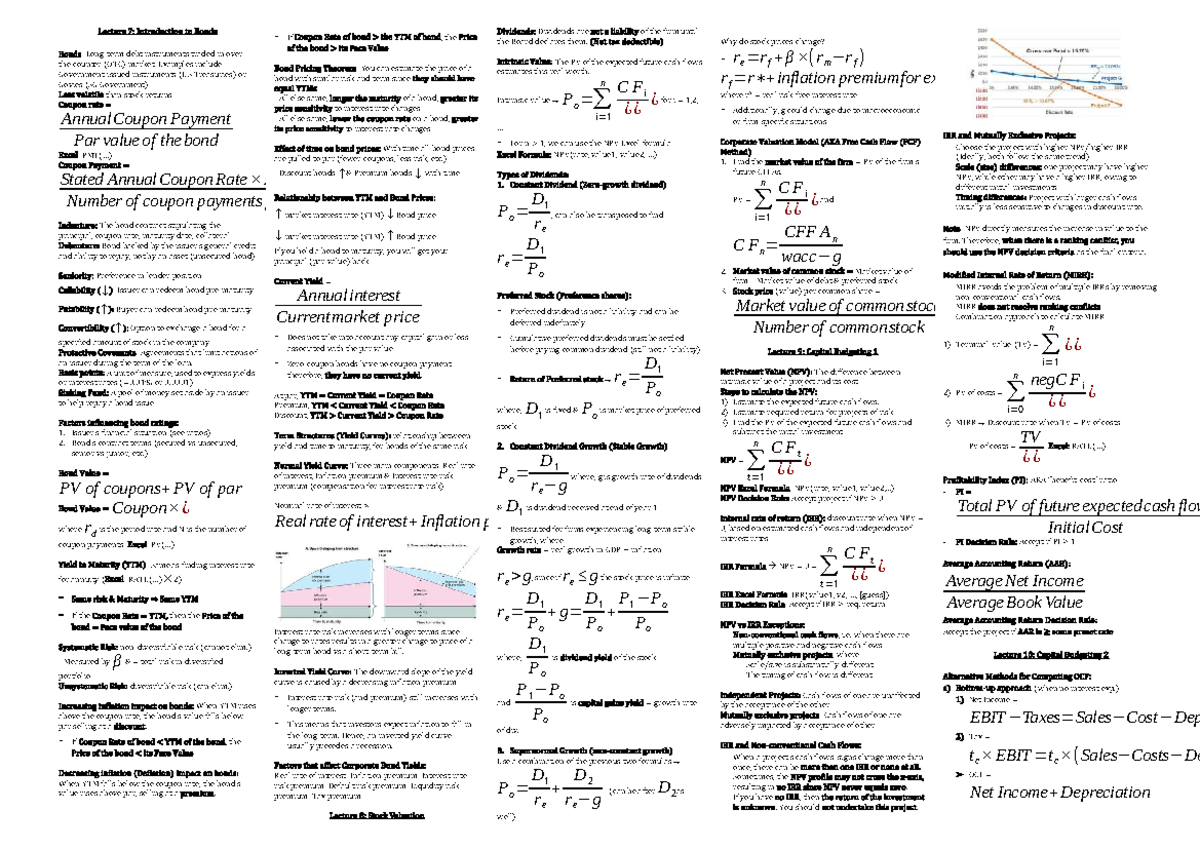 FIN2704 Final Exam Cheatsheet: Key Concepts on Bonds and Valuation ...