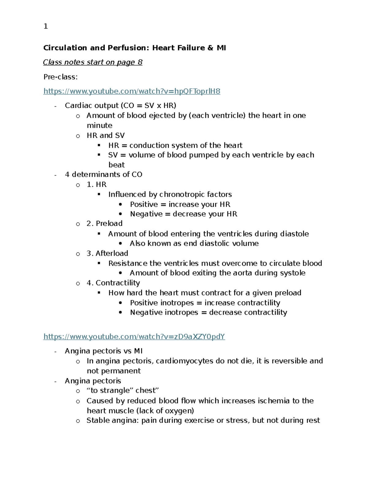 Class Notes: Circulation & Perfusion - Heart Failure, MI, Angina (1 ...