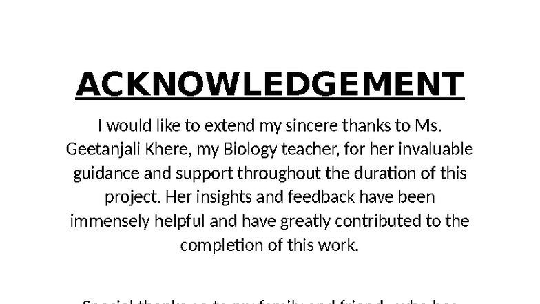 Acknowledgement of Support for Biology Project - Studocu
