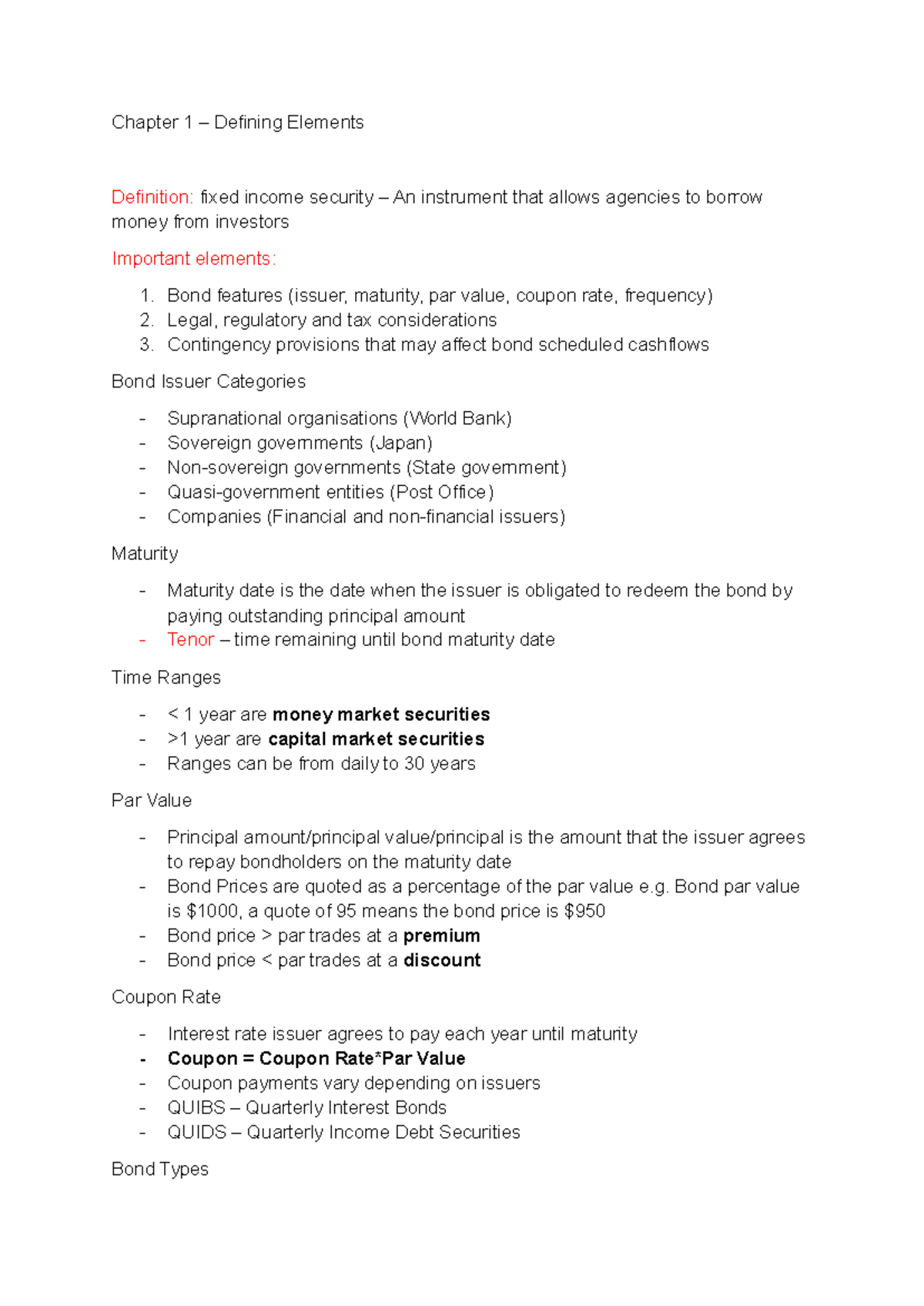 CFA Fixed Income Notes: Chapter 1 - Defining Elements of Bonds - Studocu