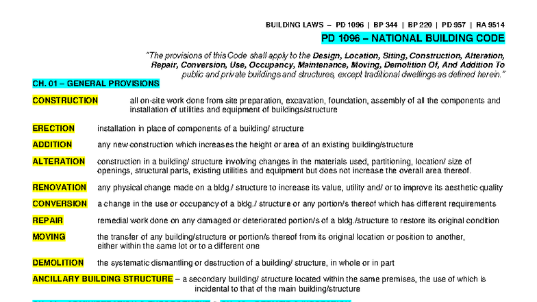 Building Laws Summary: PD 1096, BP 344, BP 220, BP 957, RA 9514 - Studocu