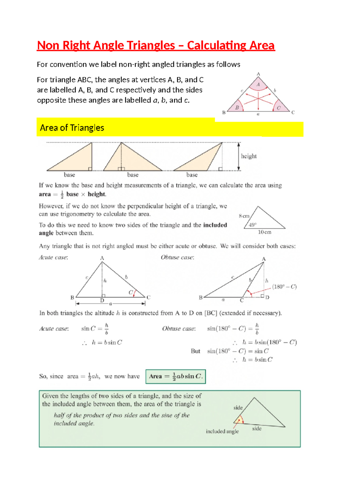 Area of Non Right Angle Triangles - 1256 - Non Right Angle Triangles ...