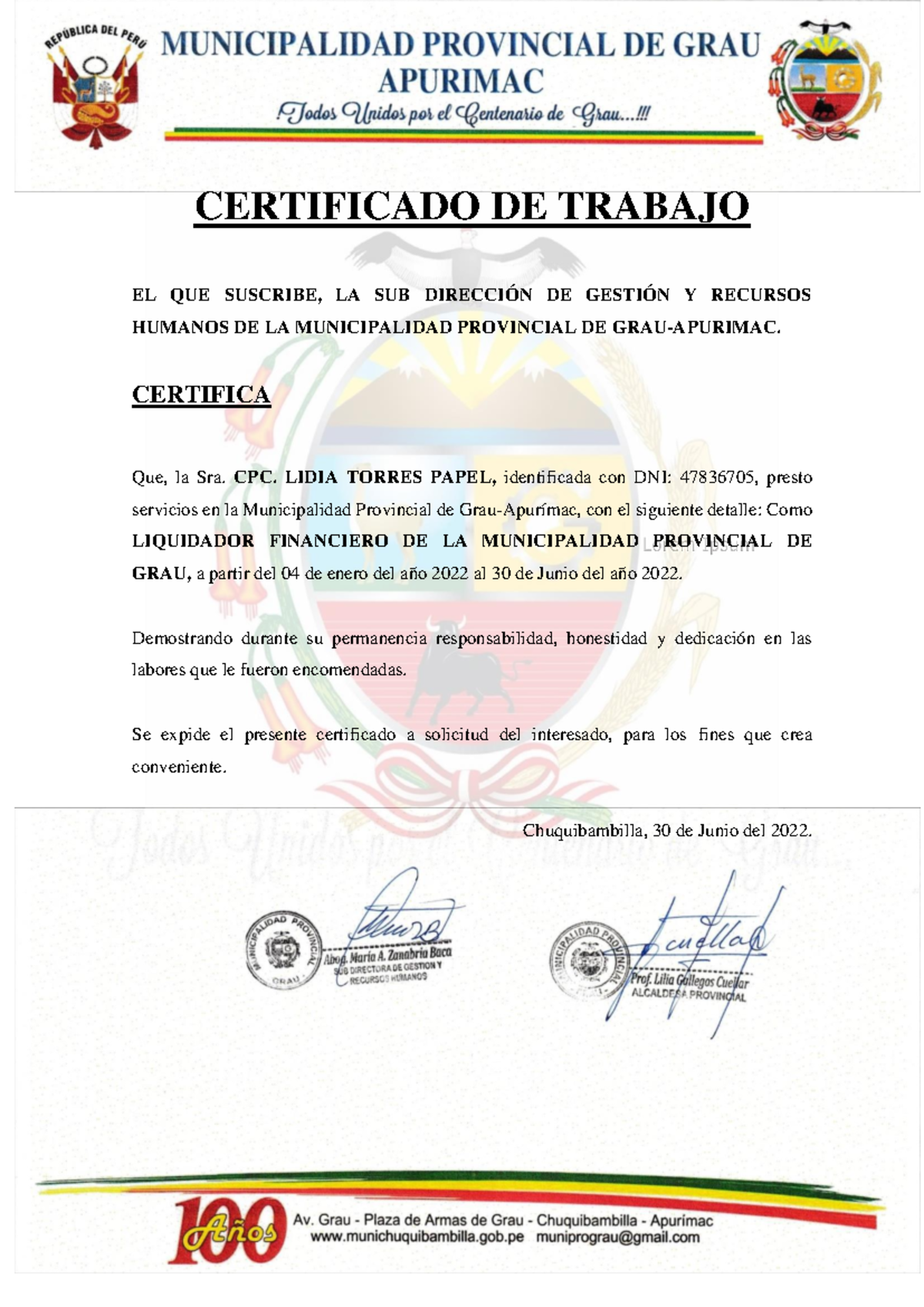 Certificado de Trabajo - Municipalidad Provincial de Grau, 2022 - Document Preview