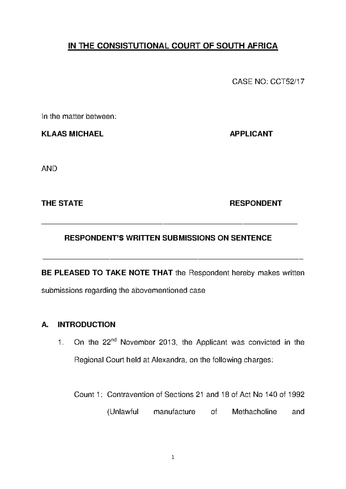Respondent's Heads of Argument on Sentence - Case No: Constitutional ...