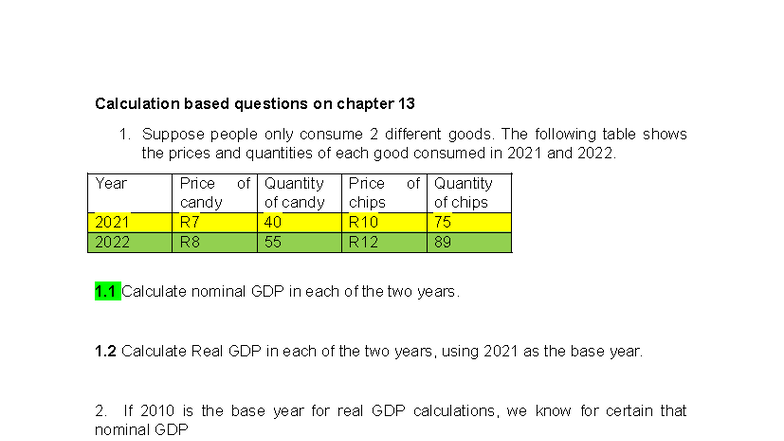 Calculation-Based Questions on Chapter 13: GDP & Economic Metrics - Studocu
