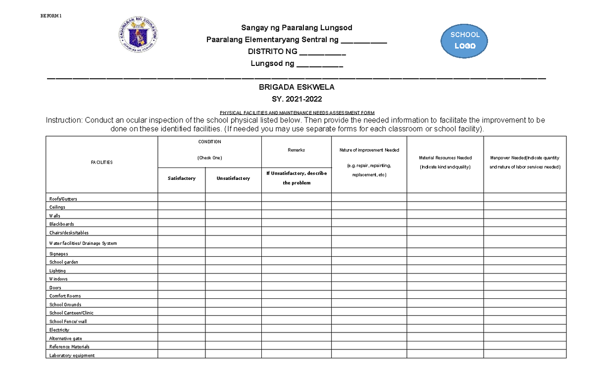 BE FORM 1 & 5: Brigada Eskwela Physical Facilities Assessment & Daily ...