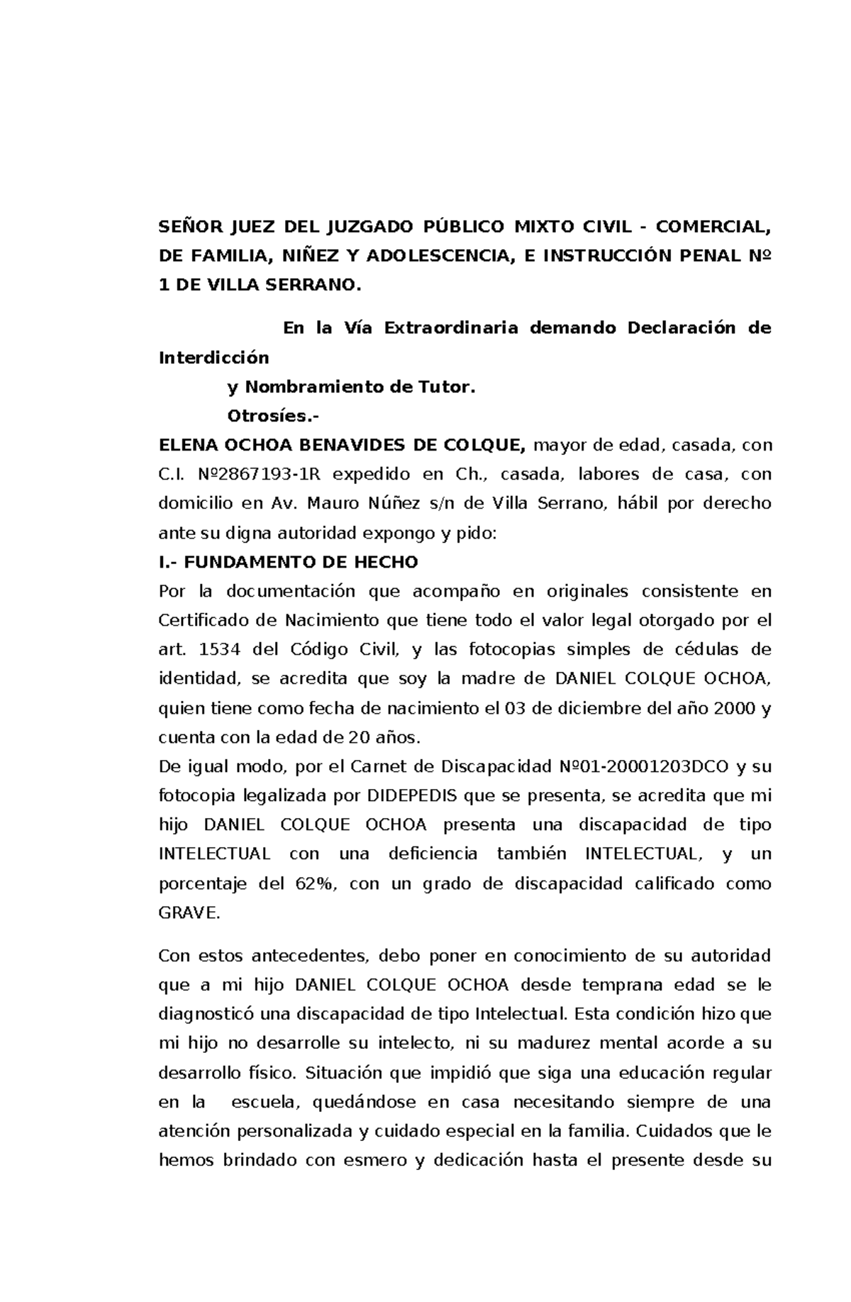 Demanda de Interdicción y Nombramiento de Tutor - Caso Daniel Colque ...