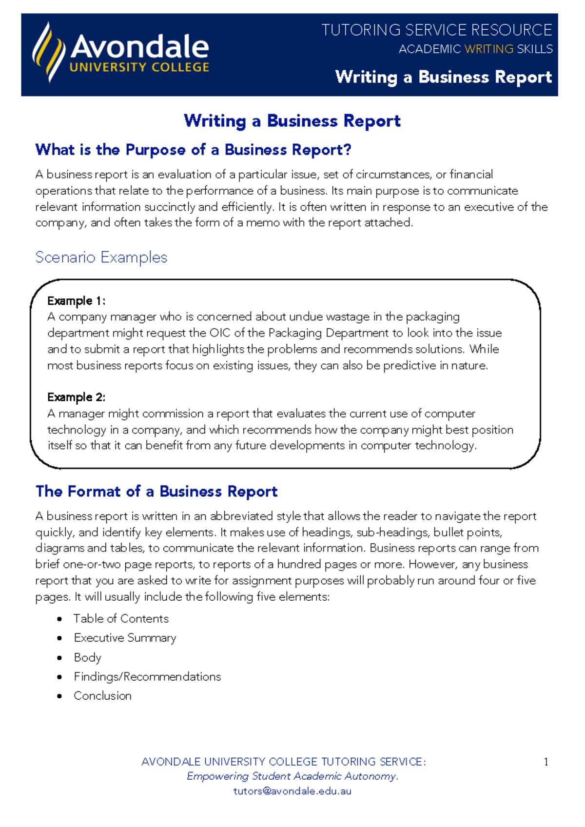 Academic Writing Guide: Business Report Structuring - AVC 101 - Studocu