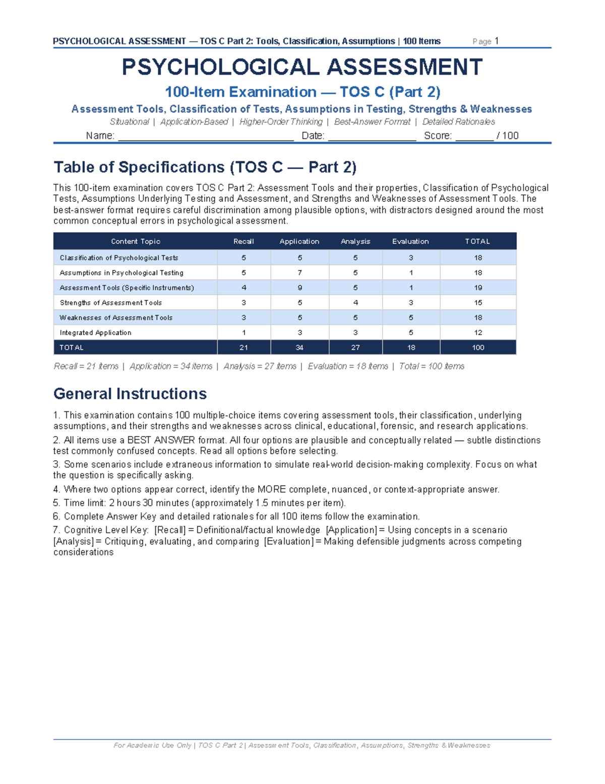Psychological Assessment TOS C Part 2: Tools, Classification ...