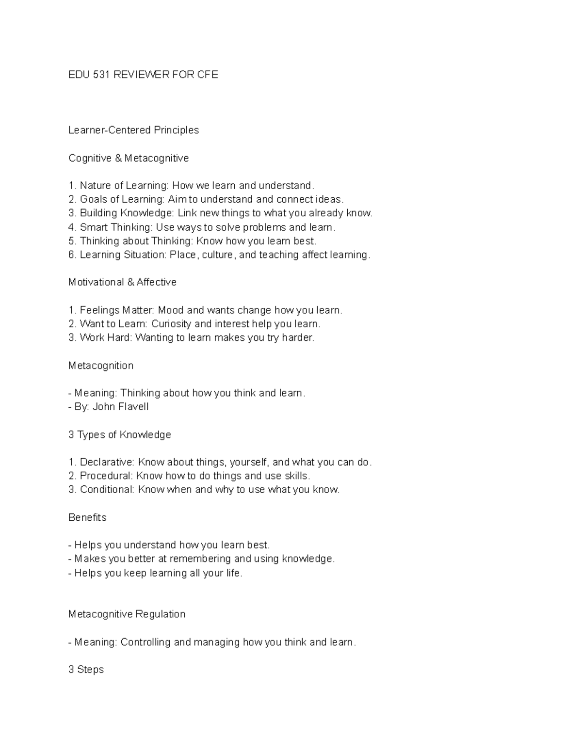 CFE Reviewer for EDU 531: Principles of Cognitive and Metacognitive ...