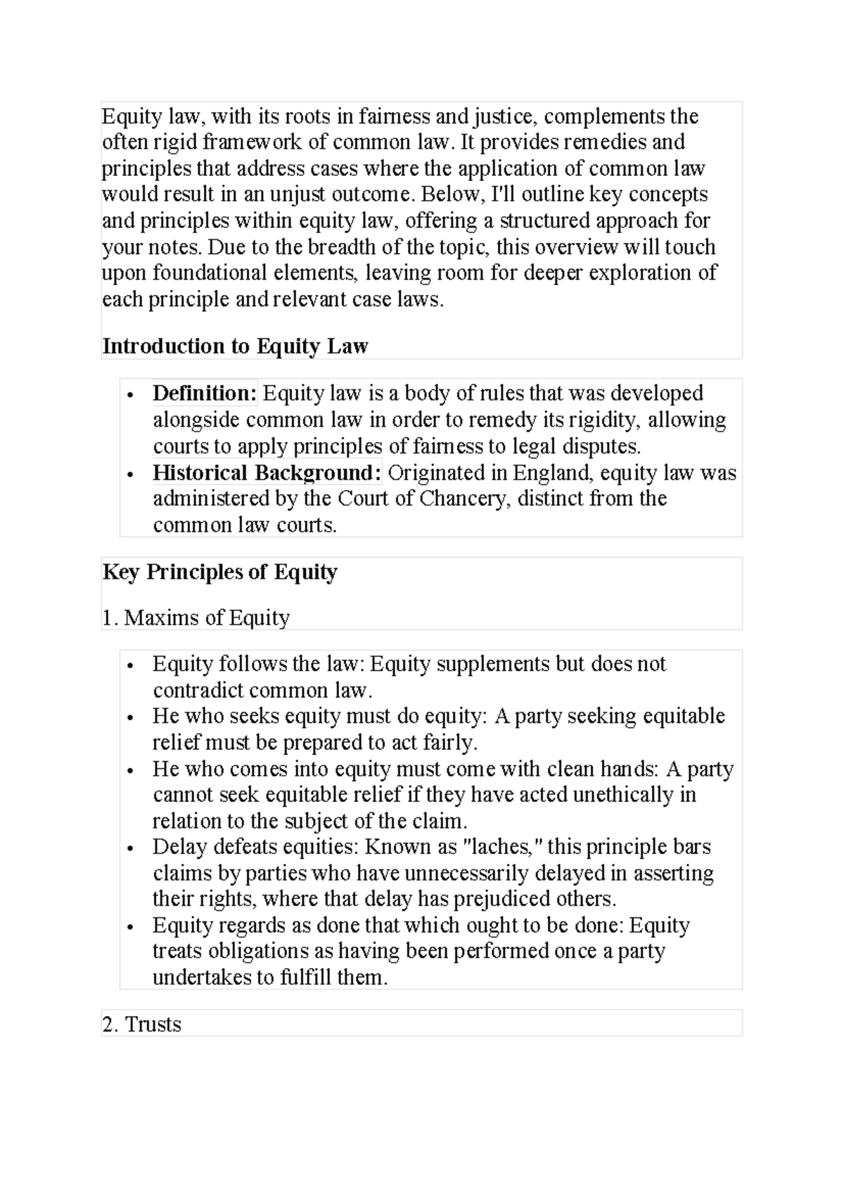 Equity Law Overview: Key Principles and Concepts for Study - Studocu