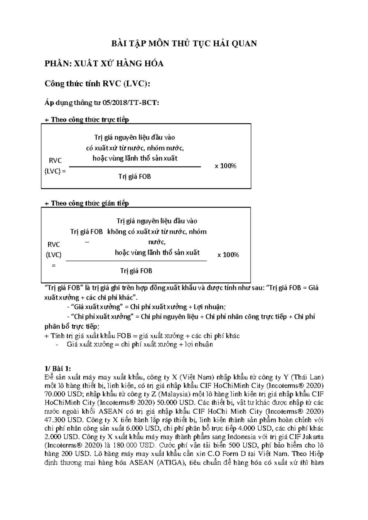 BÀI TẬP TTHQ: Tính RVC và Tiêu Chuẩn Xuất Xứ Hàng Hóa - Studocu