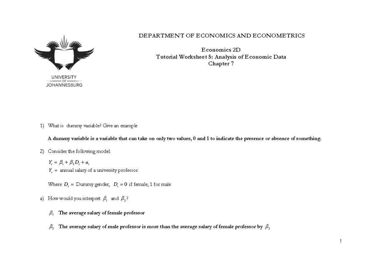 Economics 2D Tutorial Worksheet 5: Analysis of Economic Data - Studocu