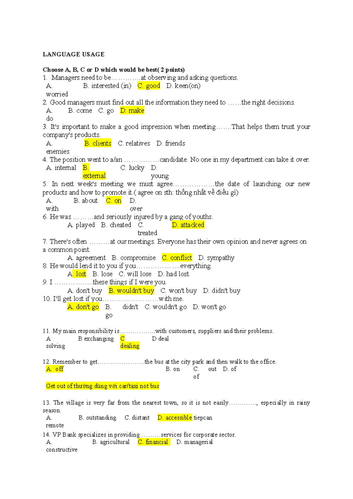 LANGUAGE USAGE: Multiple Choice Questions for Assessment - Studocu