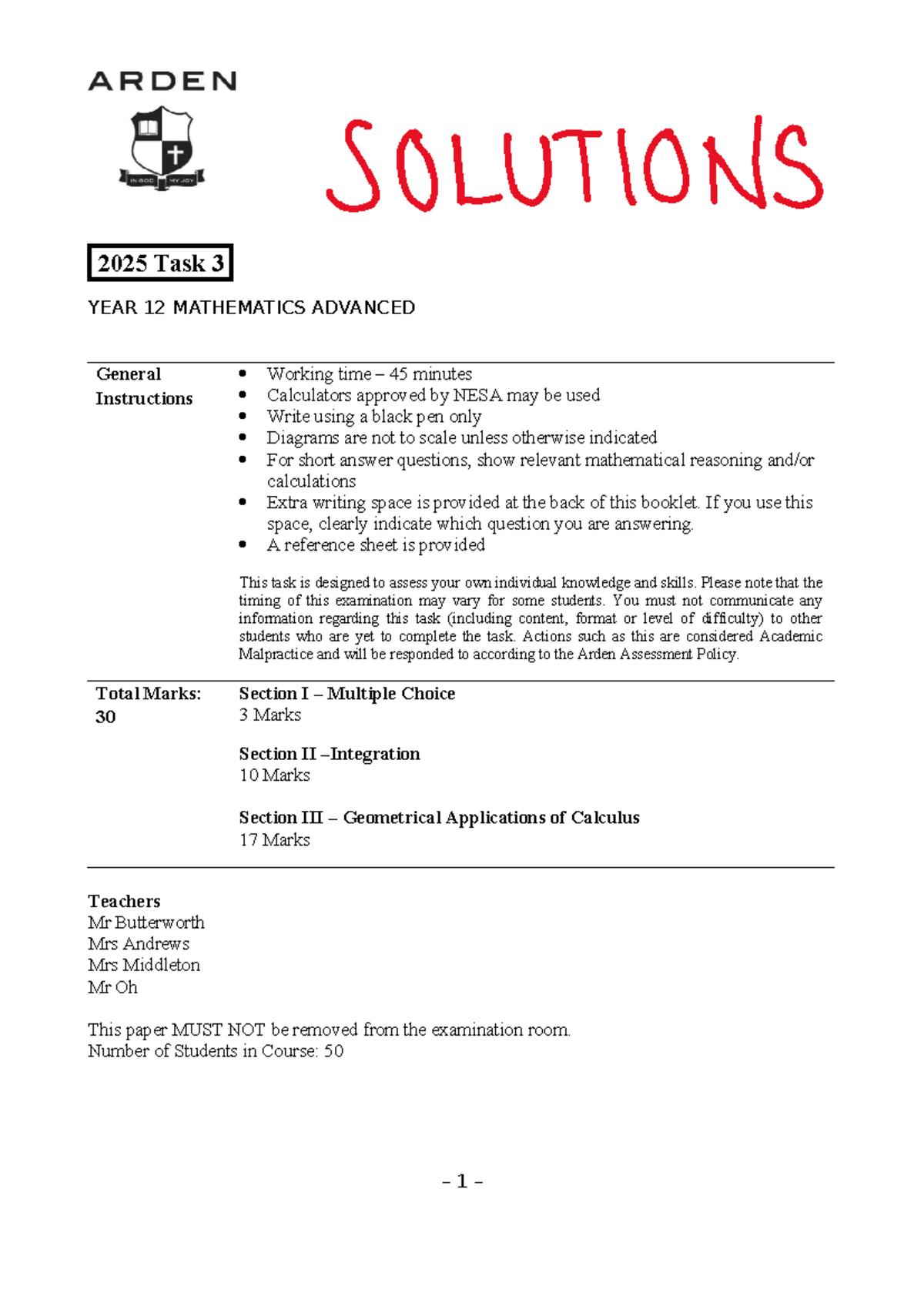 2025 Year 12 Mathematics Advanced Task 3 Solutions - Studocu