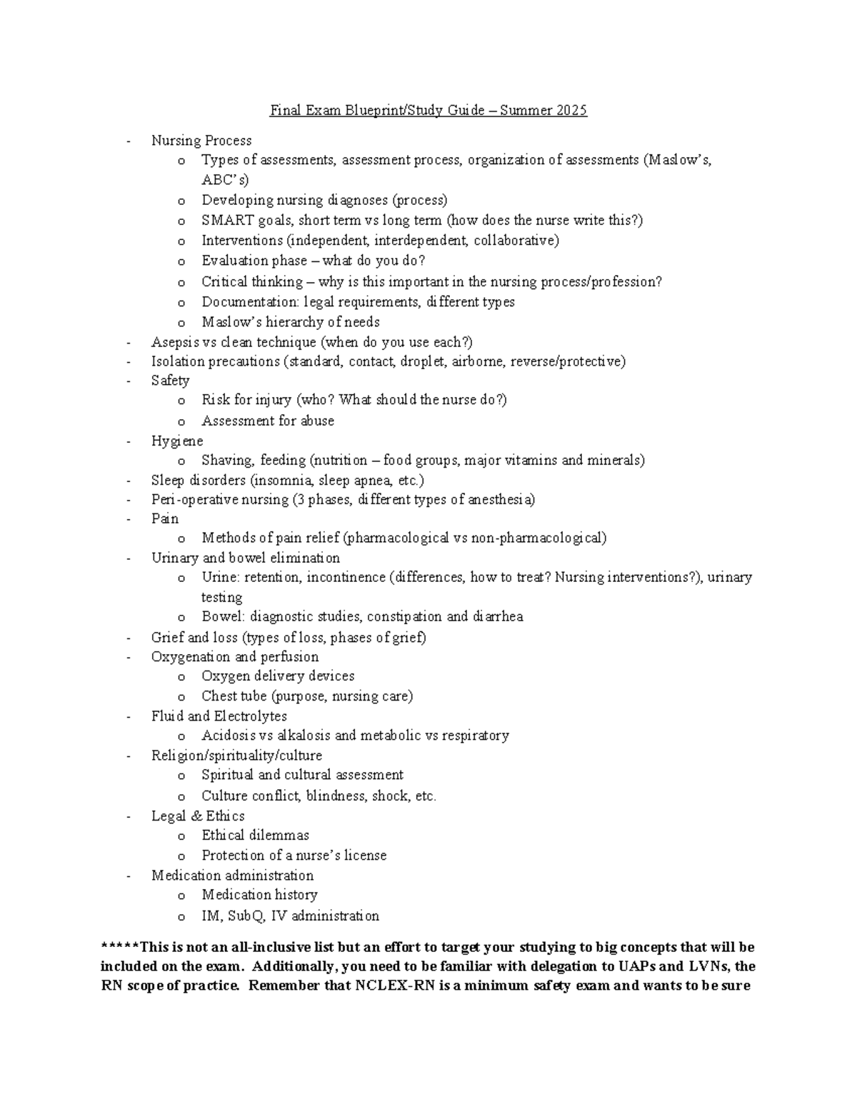 NUR 2025 Final Exam Study Guide: Key Concepts & Nursing Process - Studocu