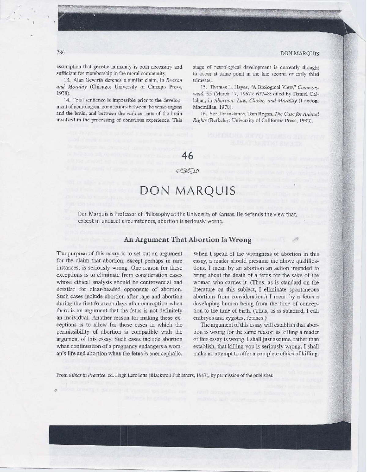 PHIL 786: An Argument That Abortion Is Wrong - Don Marquis - Studocu