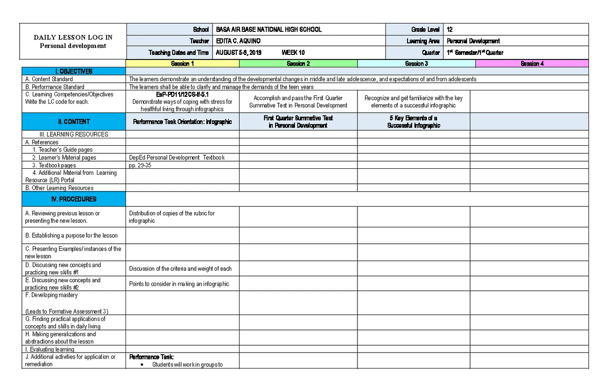 Personal Development Lesson Log for Grade 11 (Week 3) - PD11-12DS - Studocu