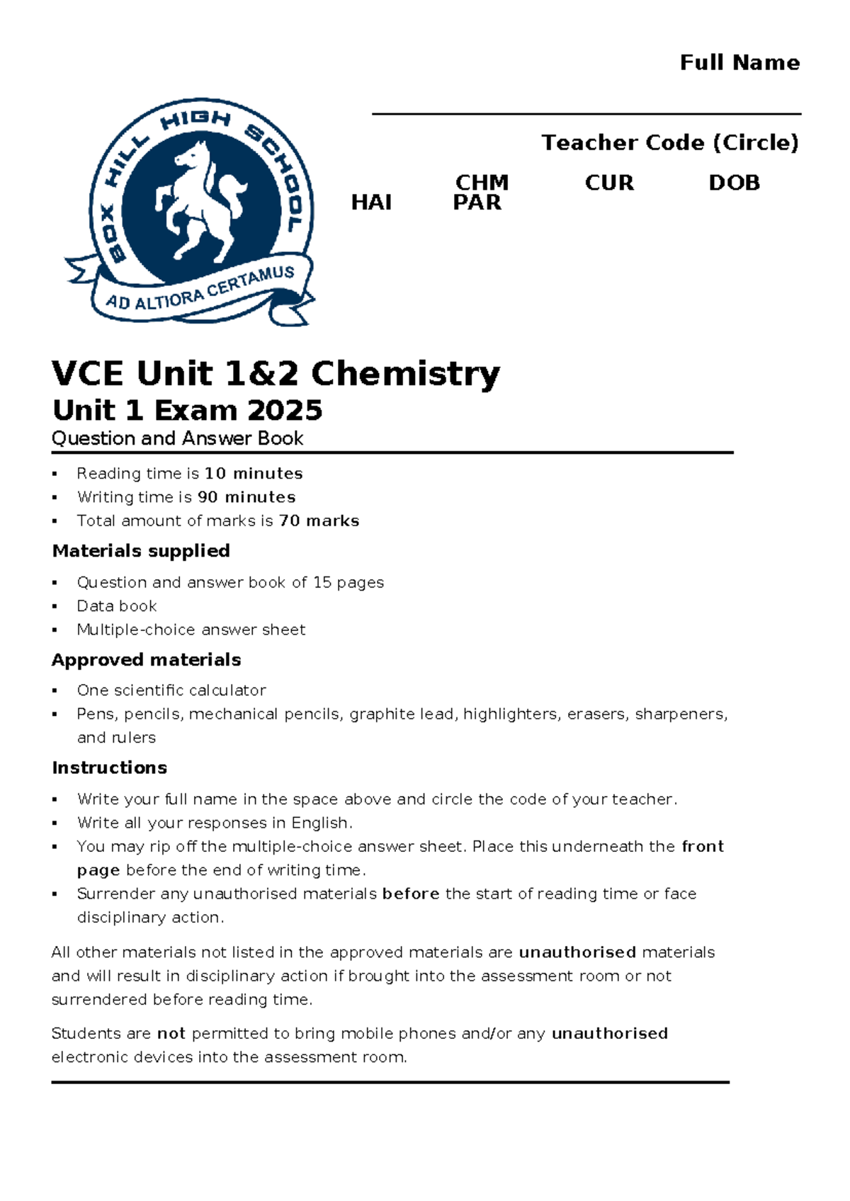 VCE Chemistry Unit 1 Exam 2025 Question & Answer Booklet - Studocu
