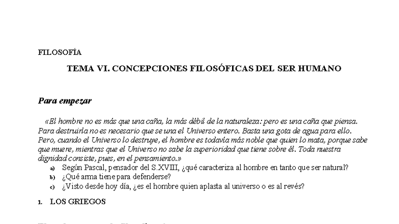 FILOSOFÍA TEMA VI: CONCEPCIONES DEL SER HUMANO EN LA FILOSOFÍA - Studocu