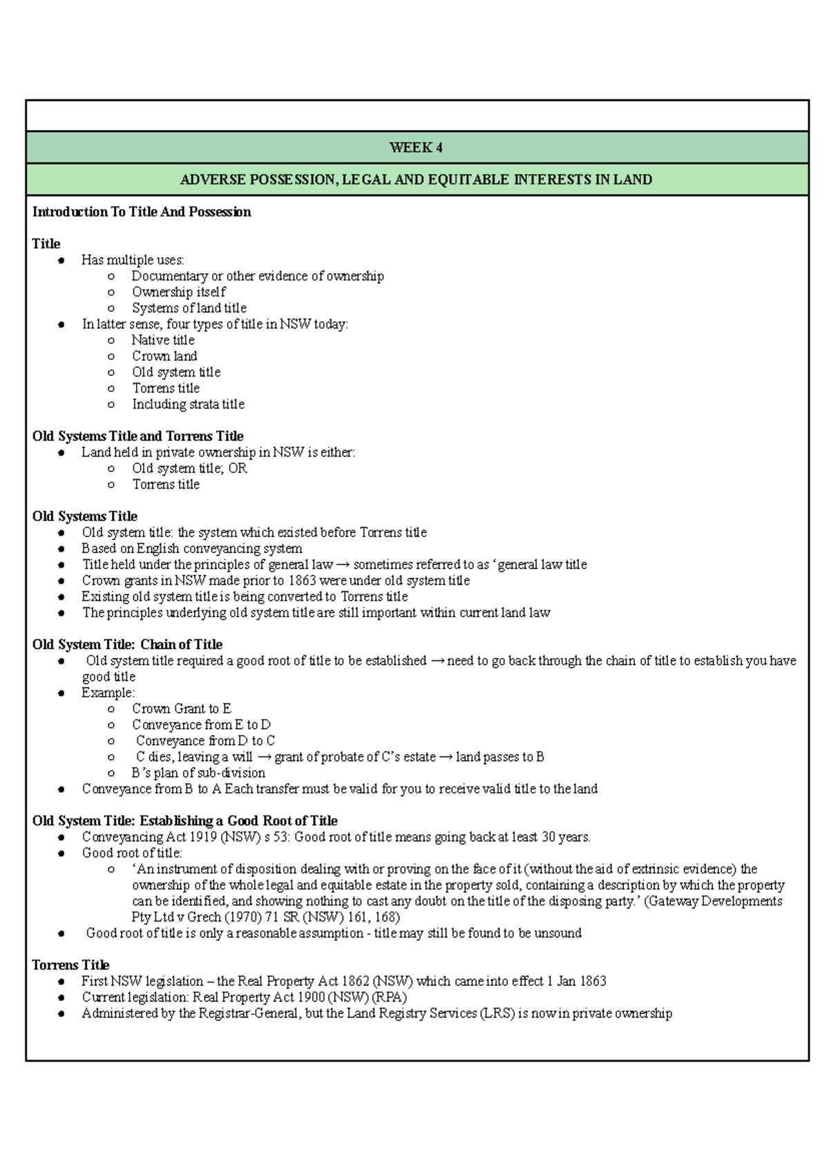 Property Law (LAW123) - Week 4: Adverse Possession & Title Systems ...