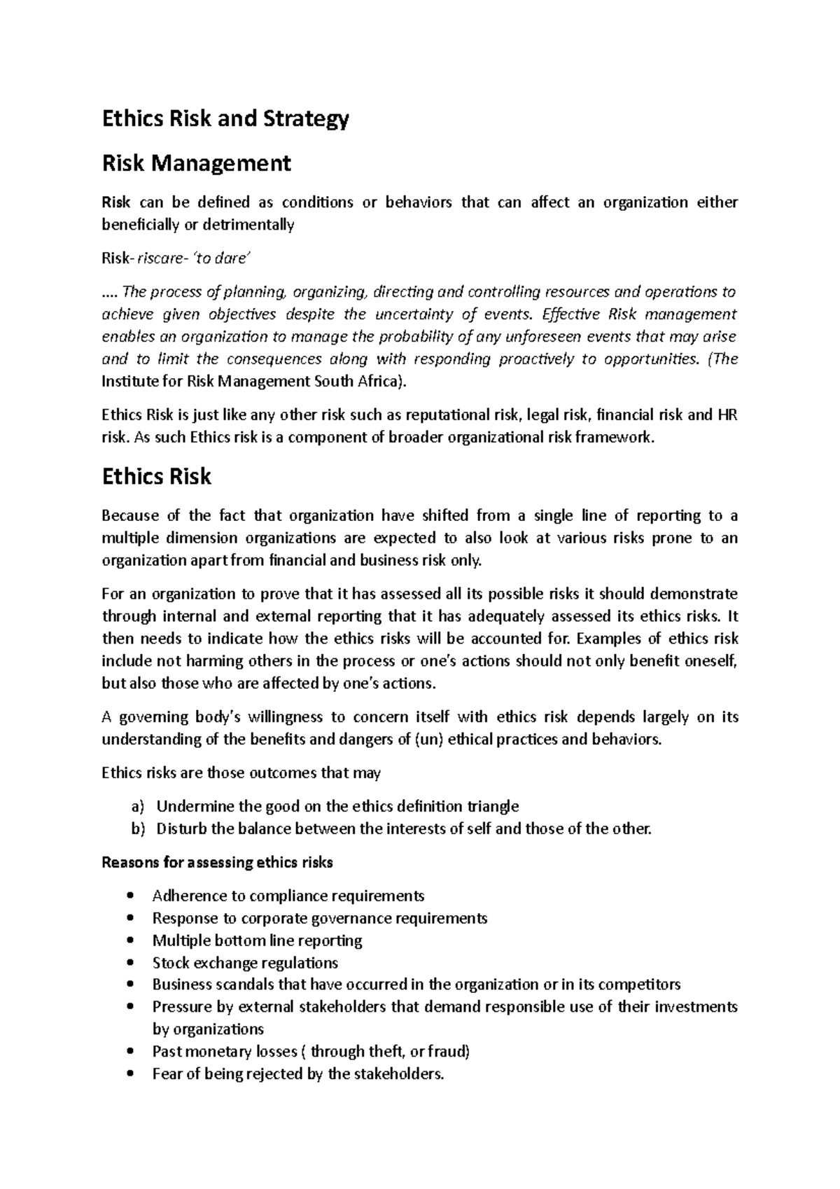 Ethics Risk and Strategy: Comprehensive Assessment Methodologies - Studocu