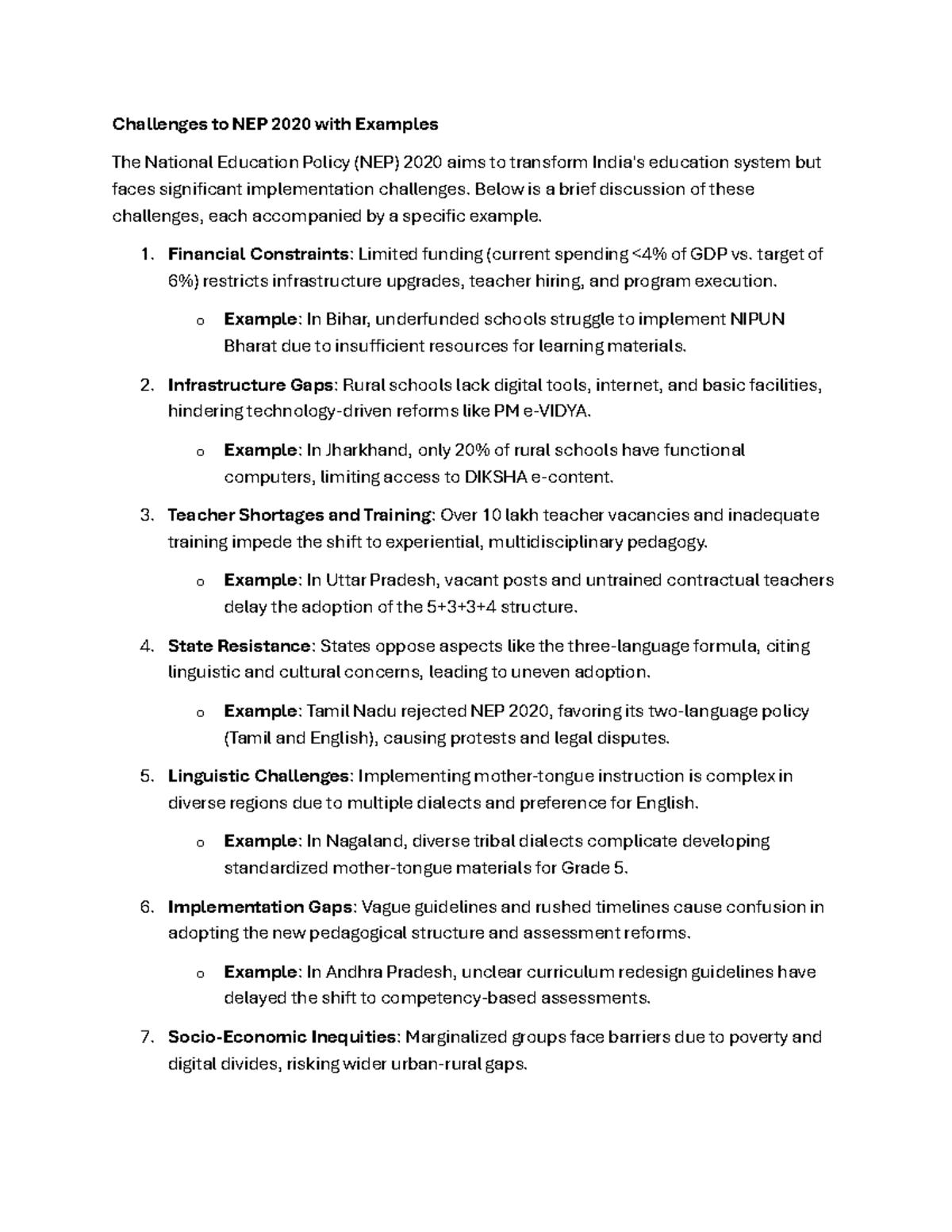 Challenges to NEP 2020: Implementation Issues and Examples - Studocu