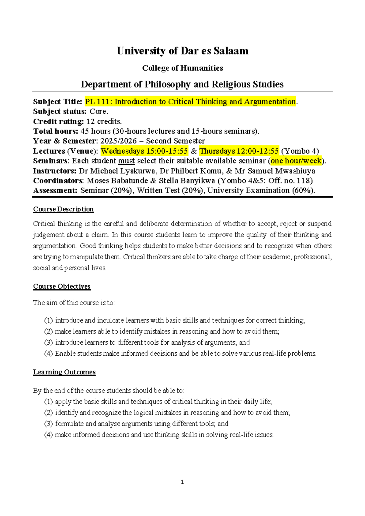 PL 111: Introduction to Critical Thinking and Argumentation - Studocu