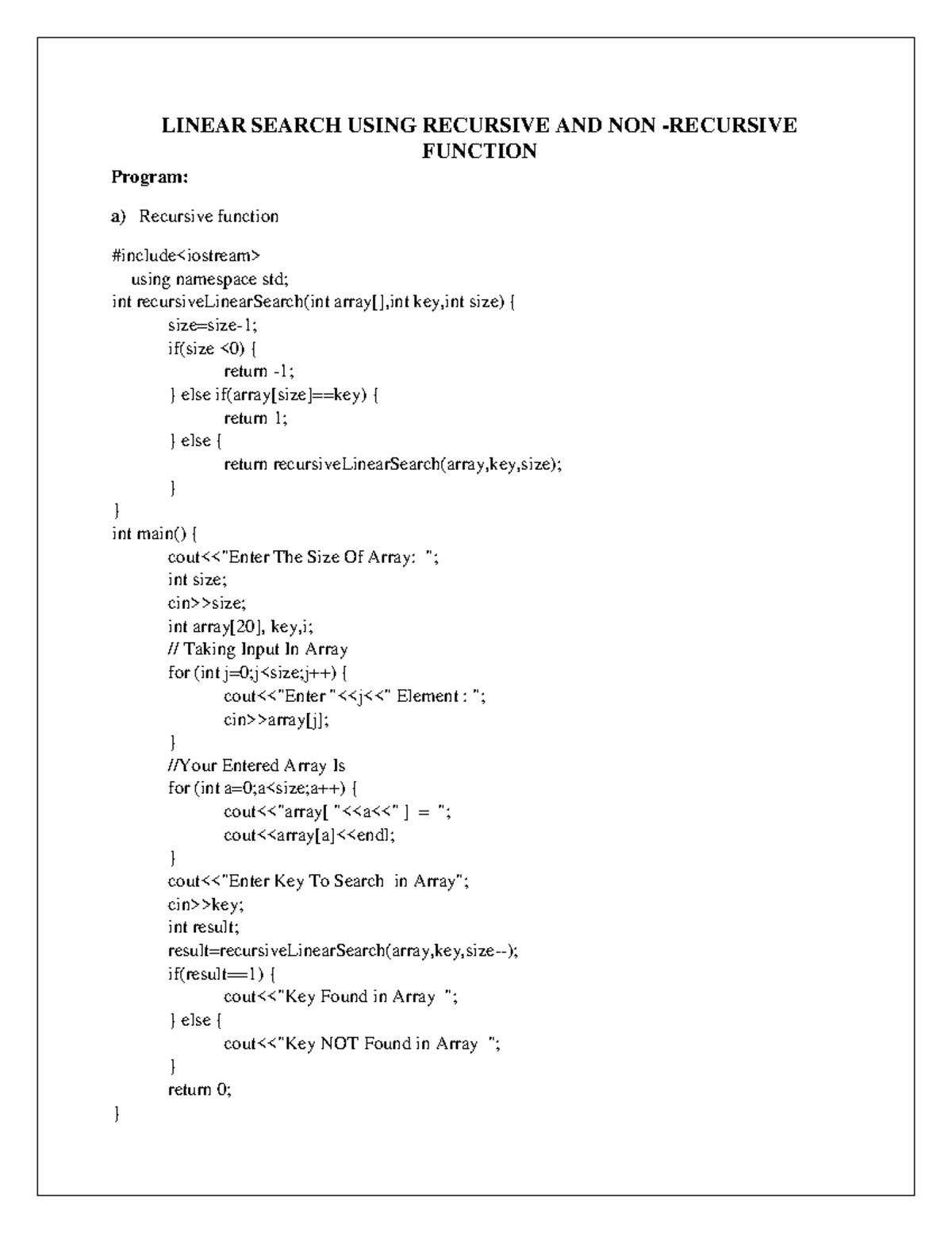 Ads lab - Labtohuhvhk - LINEAR SEARCH USING RECURSIVE AND NON ...