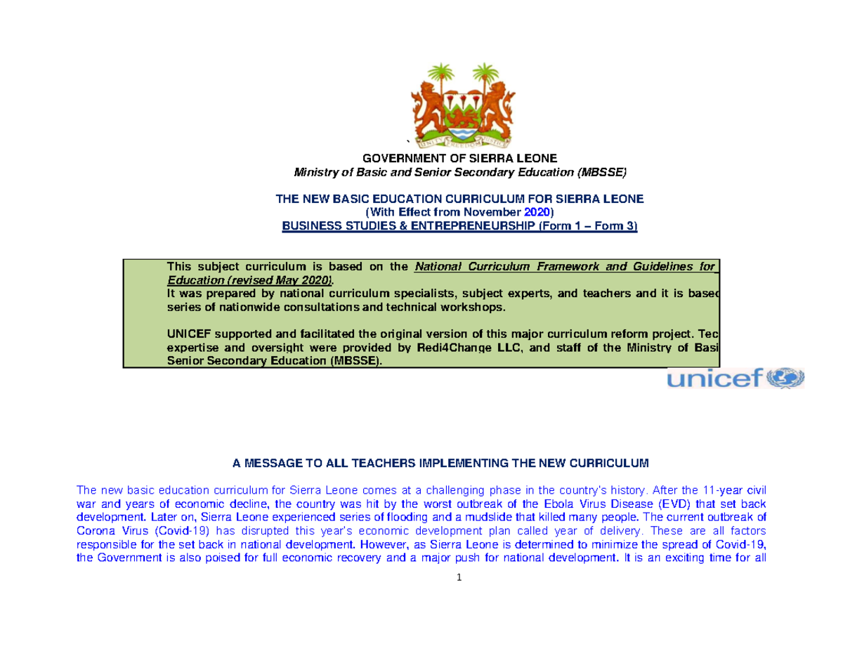 Business Studies Syllabus for JSS: Form 1 to Form 3 Overview - Studocu