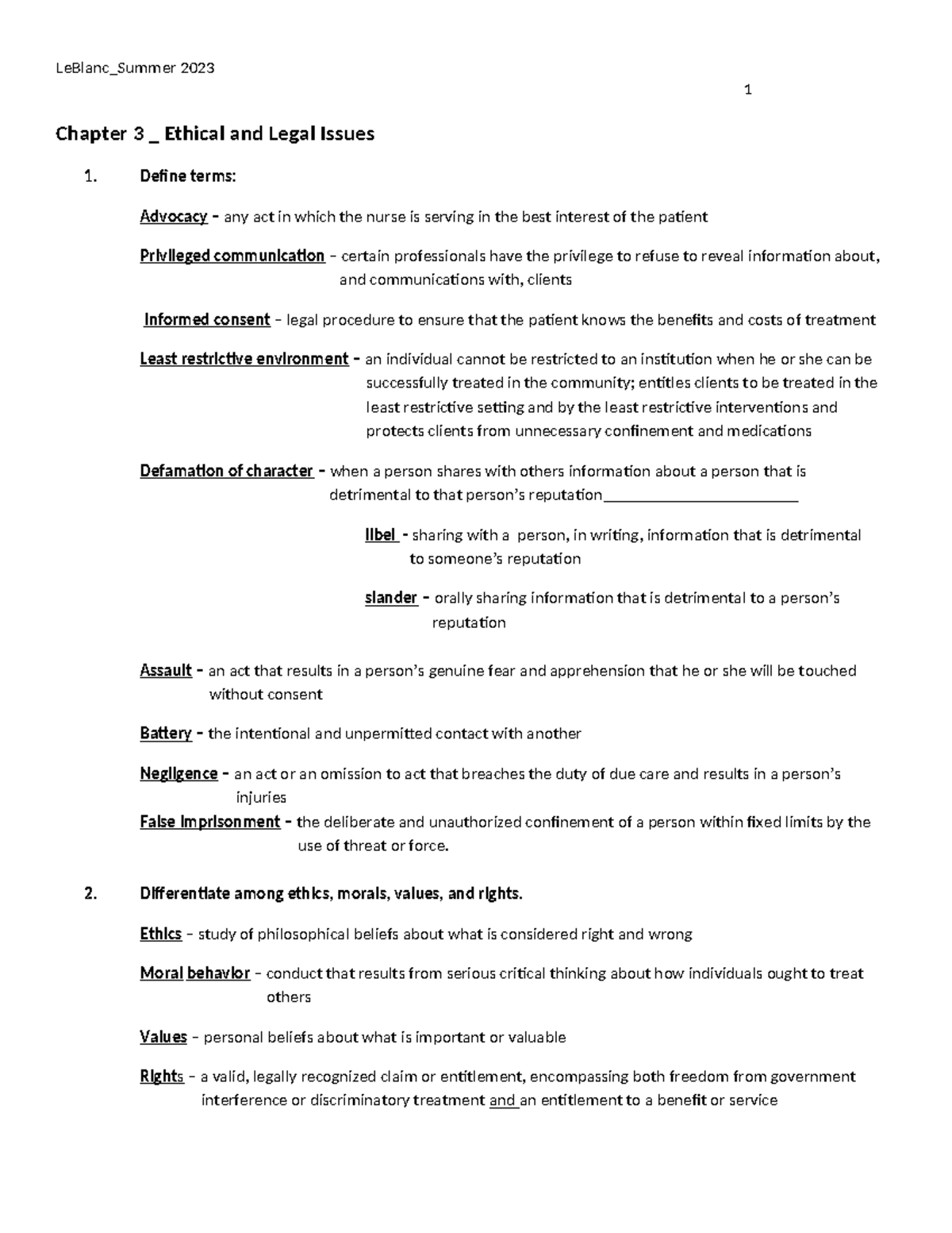 NURS 2124 Chapter 3 Ethical and Legal Issues Summary Summer 2023 - Studocu