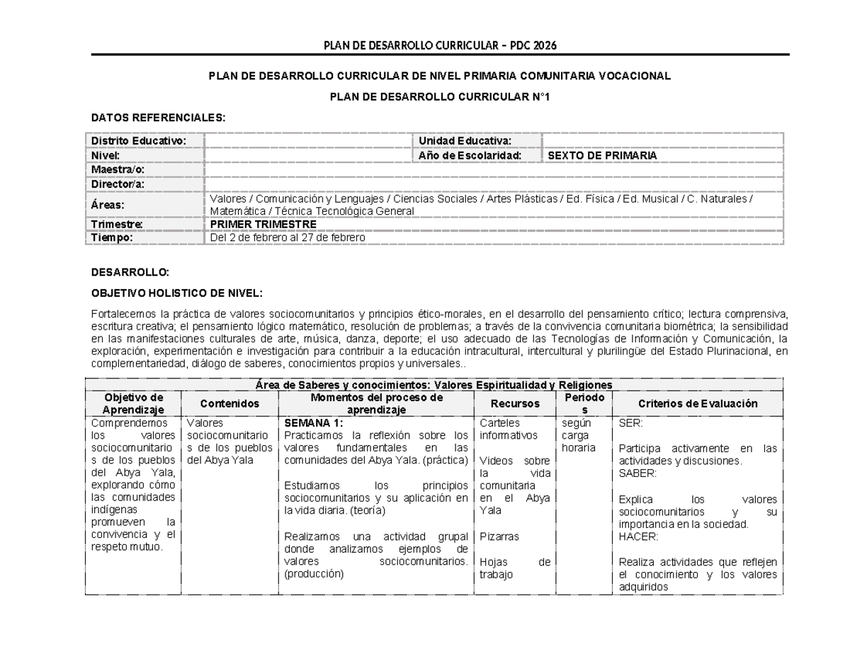 PDC 6TO Primaria 1T - Plan de Desarrollo Curricular 2026 - Document Preview