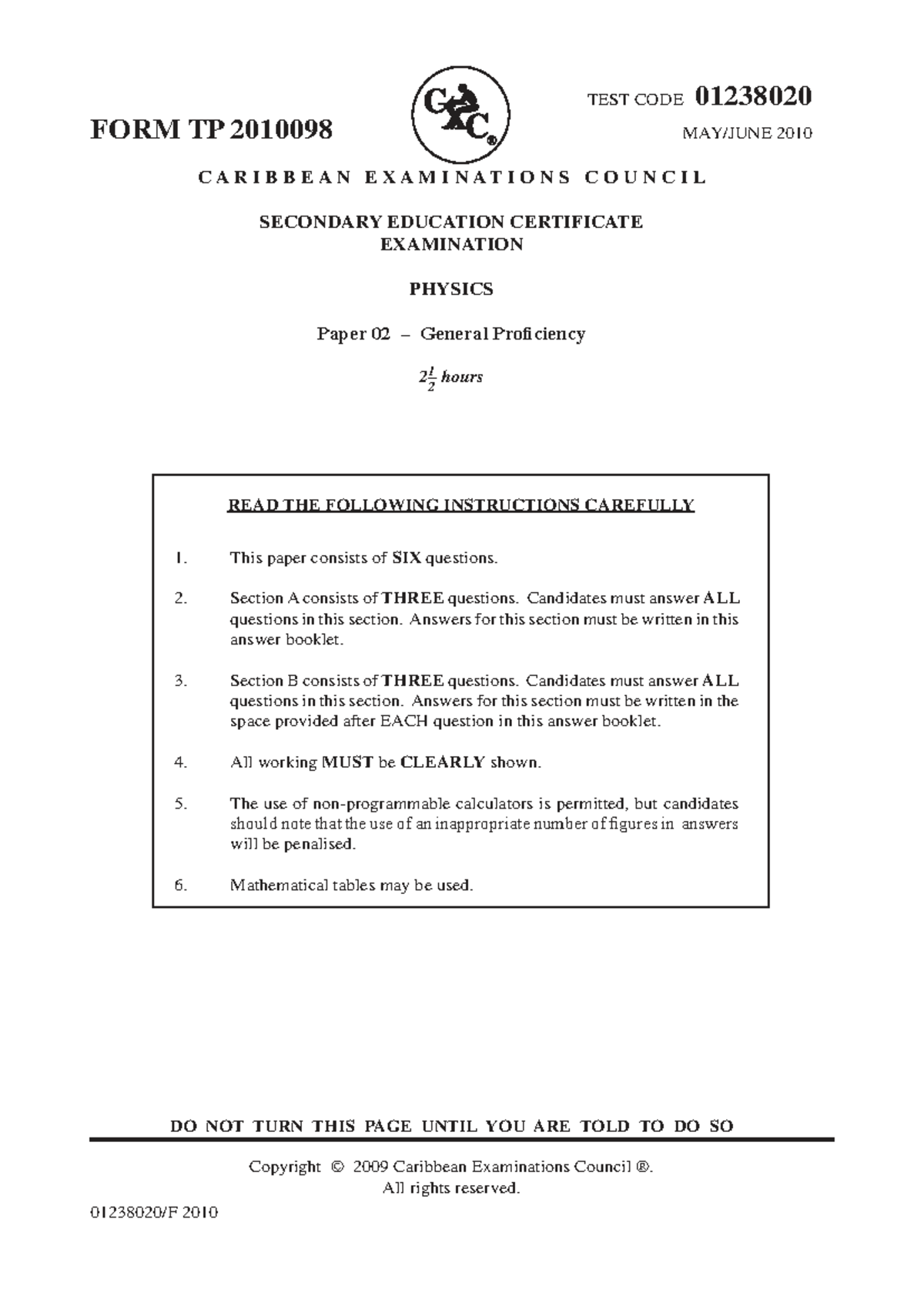 CSEC Physics Exam Paper 02 May/June 2010 - General Proficiency - Studocu
