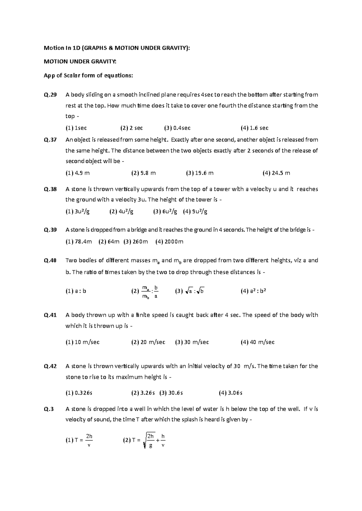 Motion In 1D (PHYS 101): Practice Problems on Gravity and Motion - Studocu