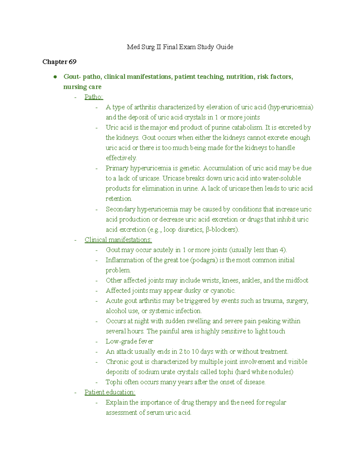 Med Surg II Final Exam Study Guide: Gout Overview - Studocu