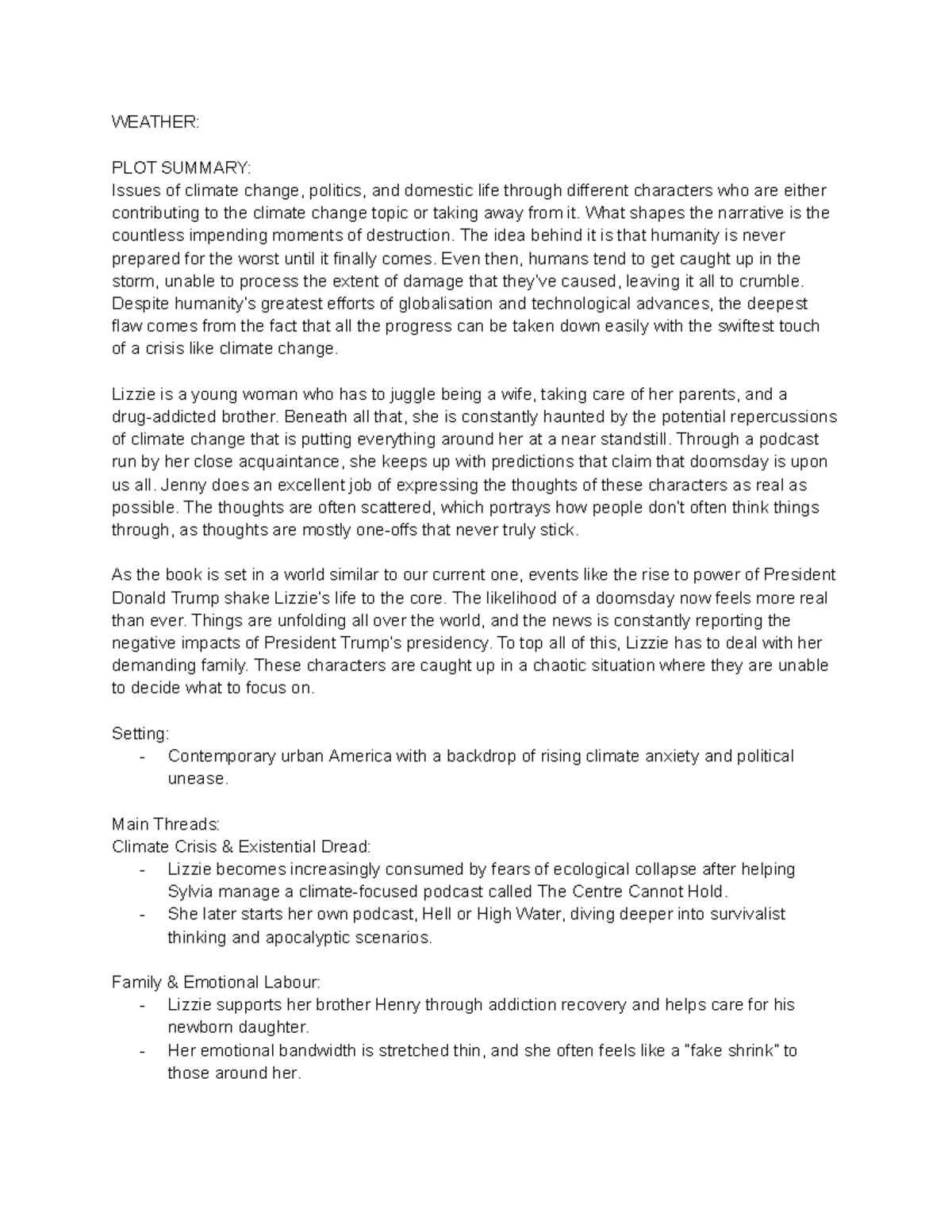 WEATHER: PLOT SUMMARY OF CLIMATE ANXIETY AND FAMILY CHAOS - Studocu