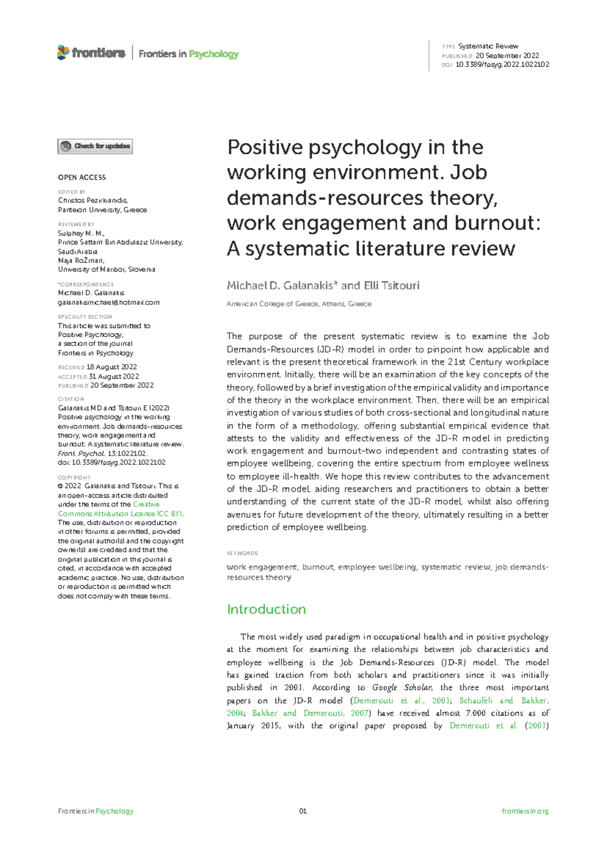 Fpsyg-13-1022102 - Systematic Review: JD-R Model and Employee Wellbeing ...