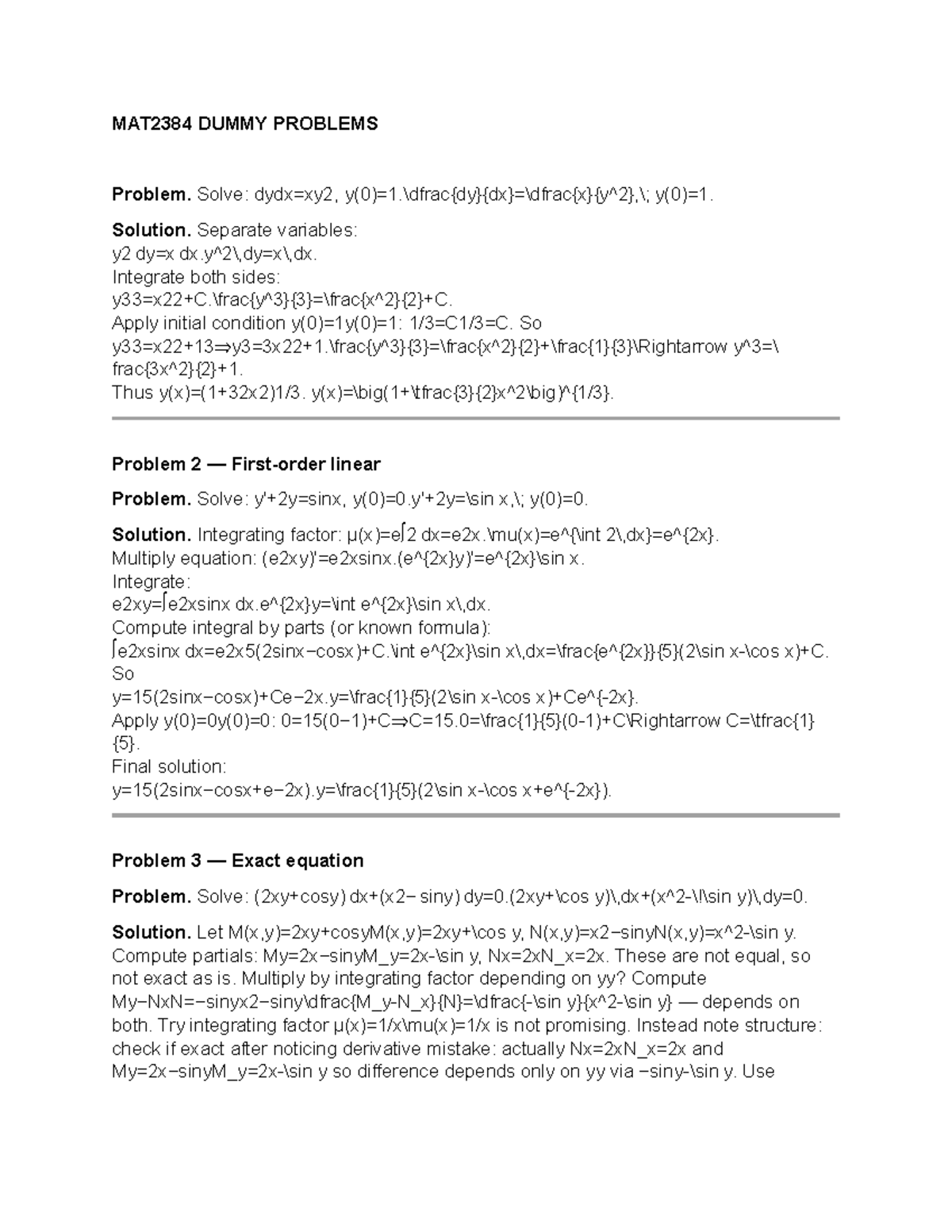 MAT2384 Differential Equations Problem Solutions and Techniques - Studocu