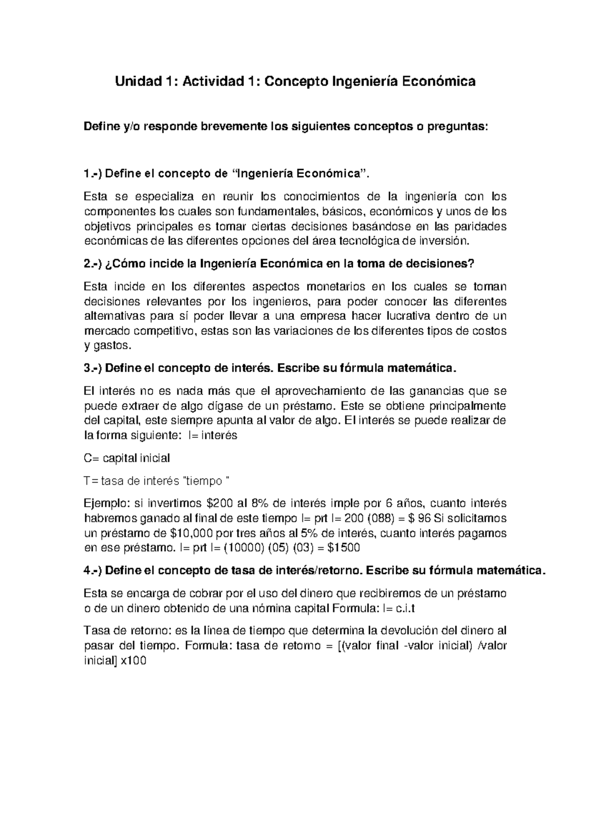 Unidad 1: Actividad 1 - Concepto de Ingeniería Económica y Tasa de ...