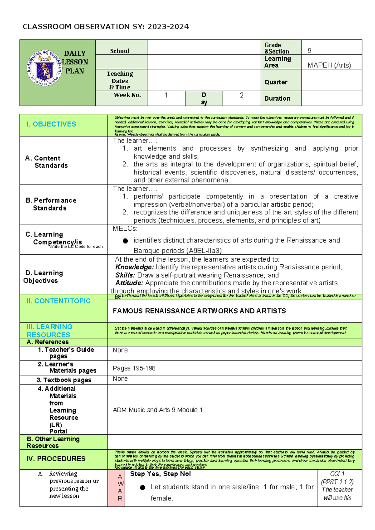 Q2-COT-LP Arts9 Lesson Plan on Famous Artists and Artworks of ...
