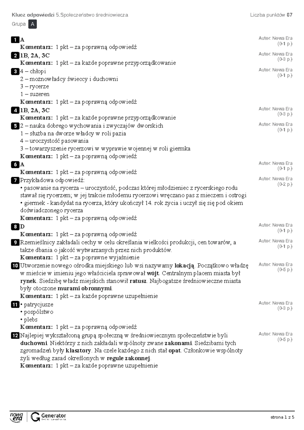 Społeczeństwo średniowieczne Sprawdzian Klasa 5 www.studocu.com