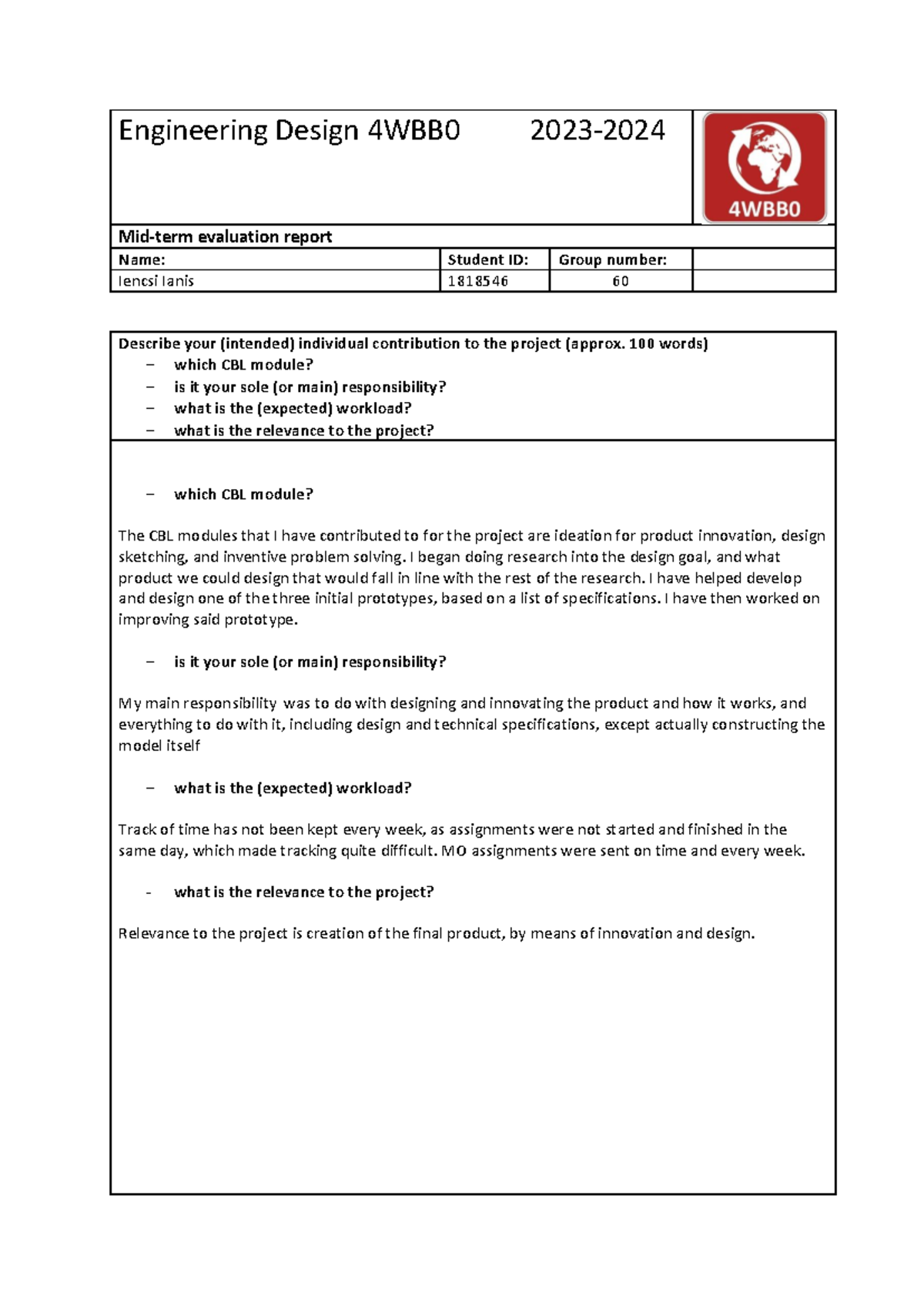 Midterm Evaluation Report for Engineering Design 4WBB0 - 2023/2024 ...