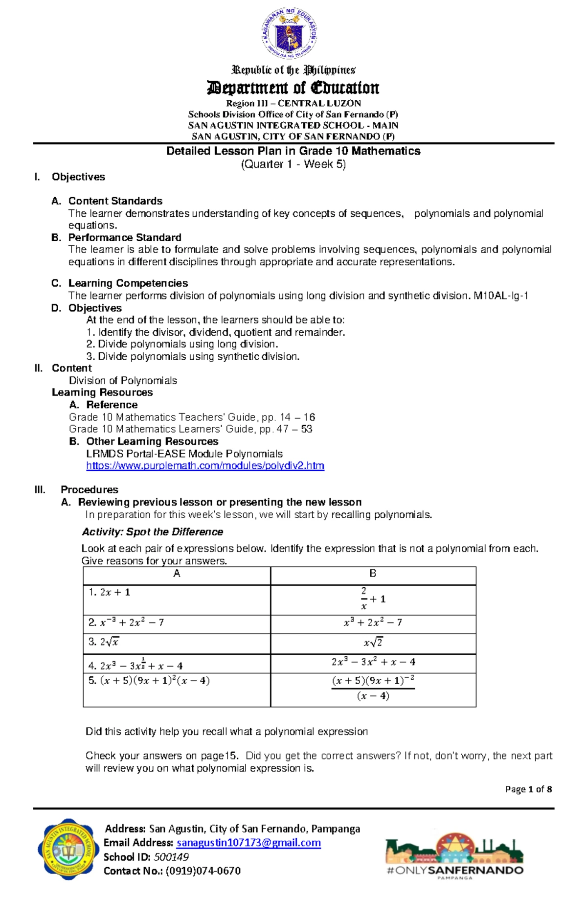 Mathematics 10: Semi-Detailed Lesson Plan on Sequences - Studocu