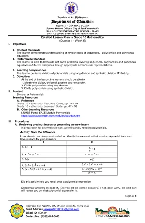Mathematics 10: Semi-Detailed Lesson Plan on Sequences - Studocu